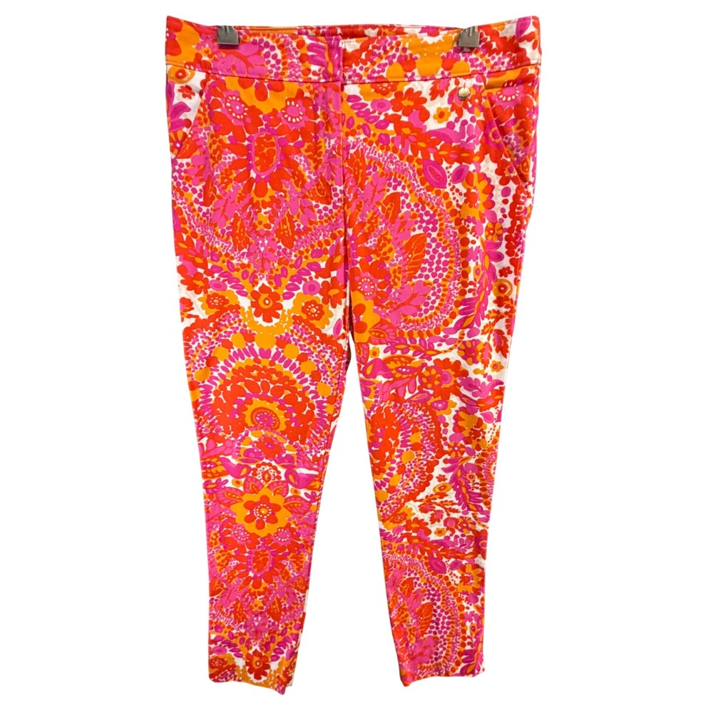 Trina Turk Sevilla Print Slim Ankle Pants 6 Orange Floral Boho Modern Resortwear